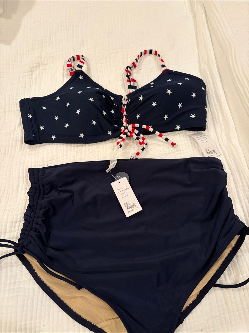 Cacique Navy Star Two-Piece Swim Set with Red, White & Blue Striped Accents